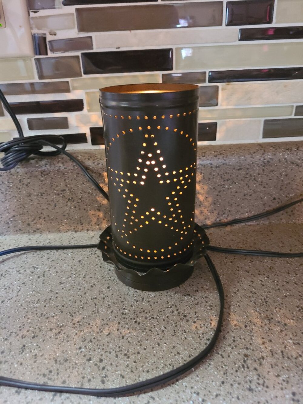 Tin Punched Star Design Night Light dark Brown Free Standing 7" Tall